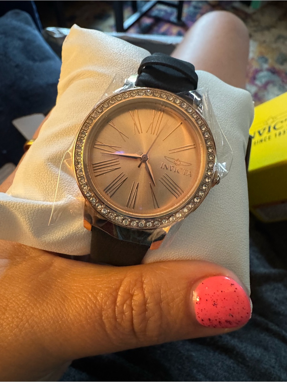 NWT Invicta Rose Gold Dial Crystal Bezel Watch with Black Strap 70444